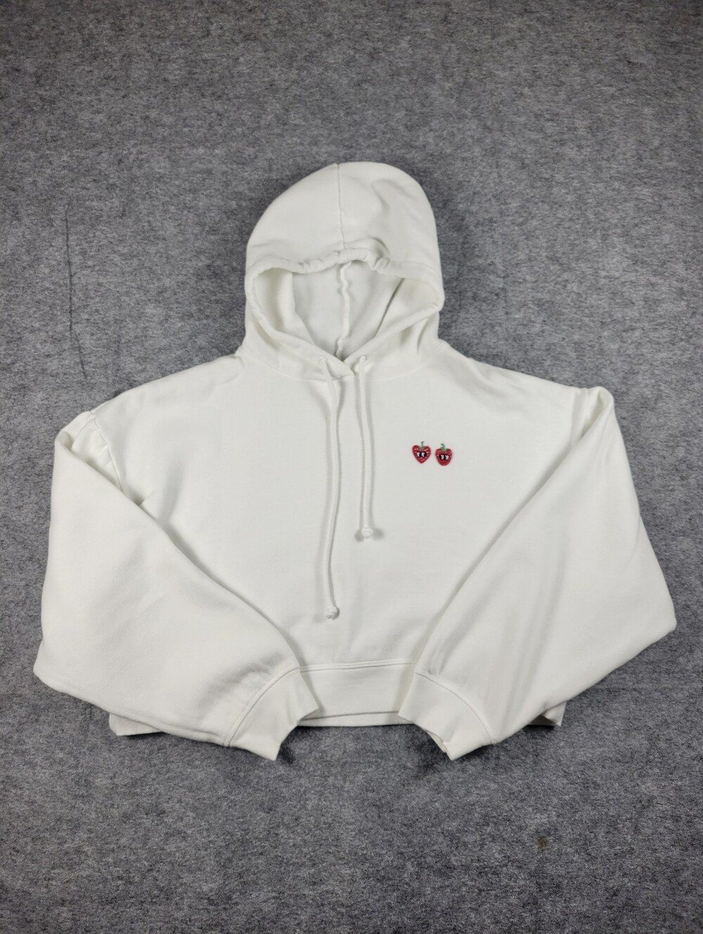 PINK Victoria's Secret Strawberry Embroidered White Cropped Hoodie Women Size L
